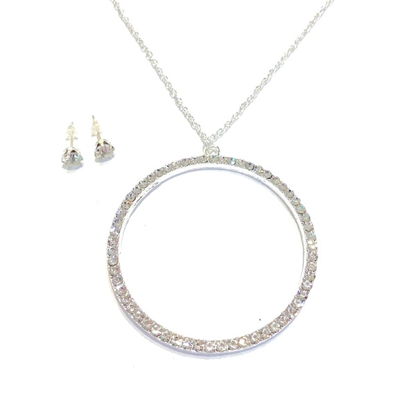 Circle Of Life Necklace Earrings Set Silver Tone Clear Sparkling Rhinestone - Picture 5 of 6